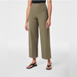 SPANX stretch twill wide leg pant pull on cropped tuscan olive green size L